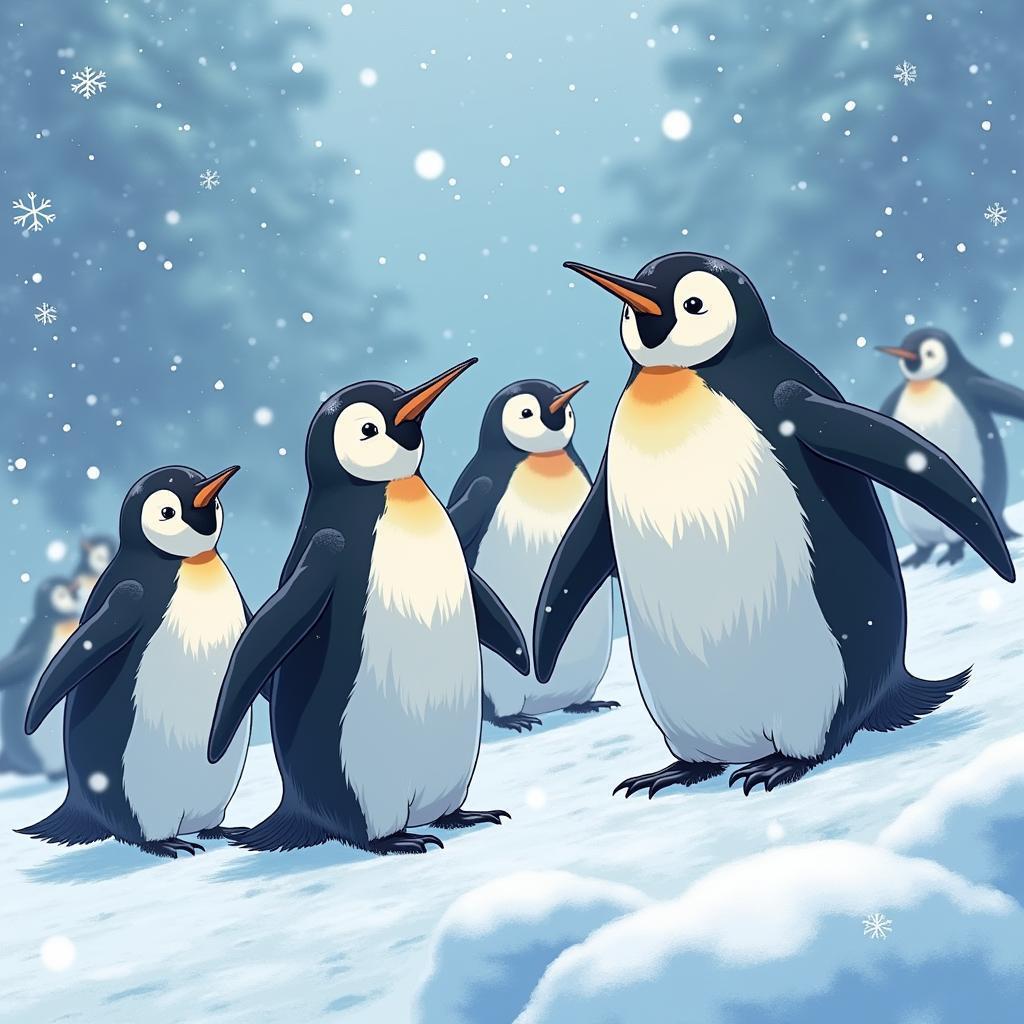 Anime Penguins Huddled in Swirling Snowstorm