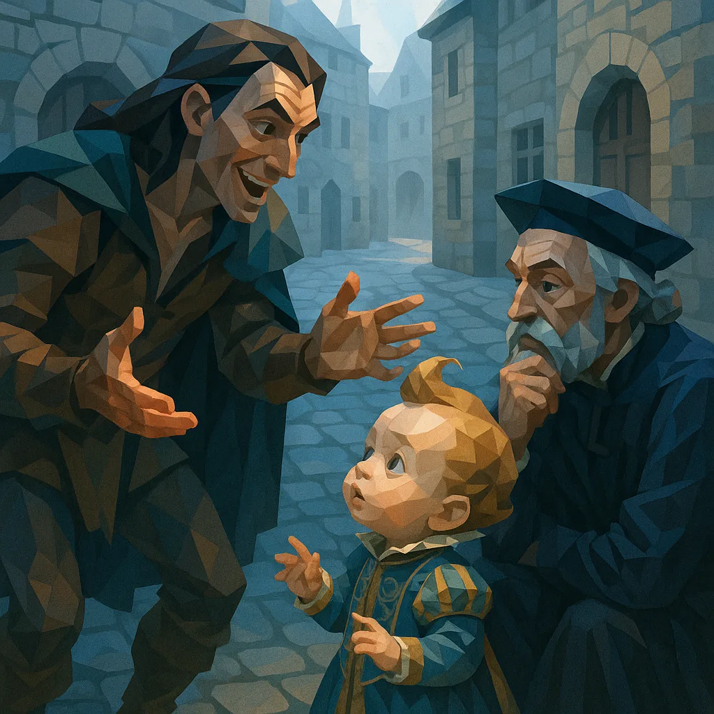 Deep-set-eyed Heroic Fantasy Performer Animatedly Engages a Curious