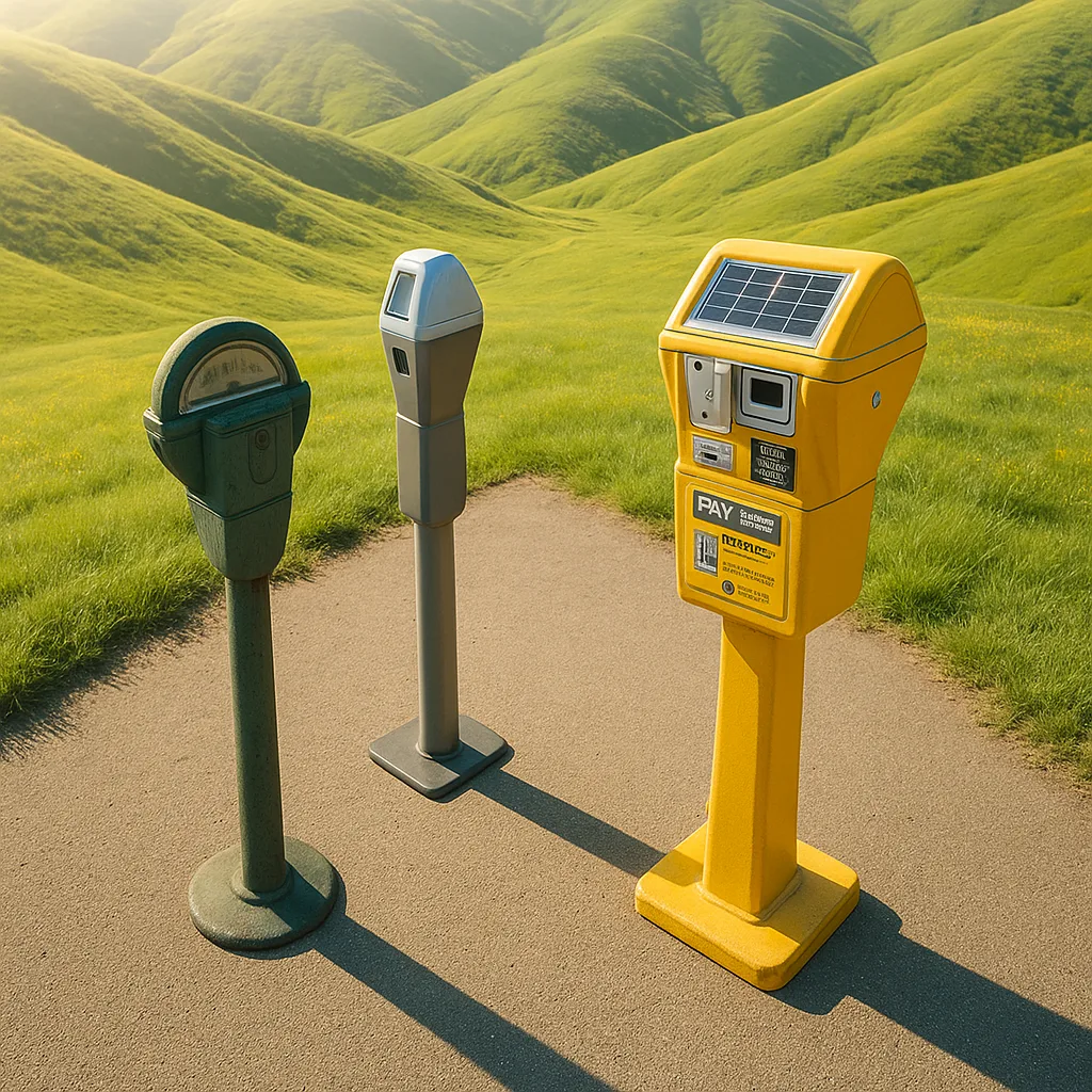 Three Distinct Parking Meters—a Classic Single-head Cylindrical Top in Slightly
