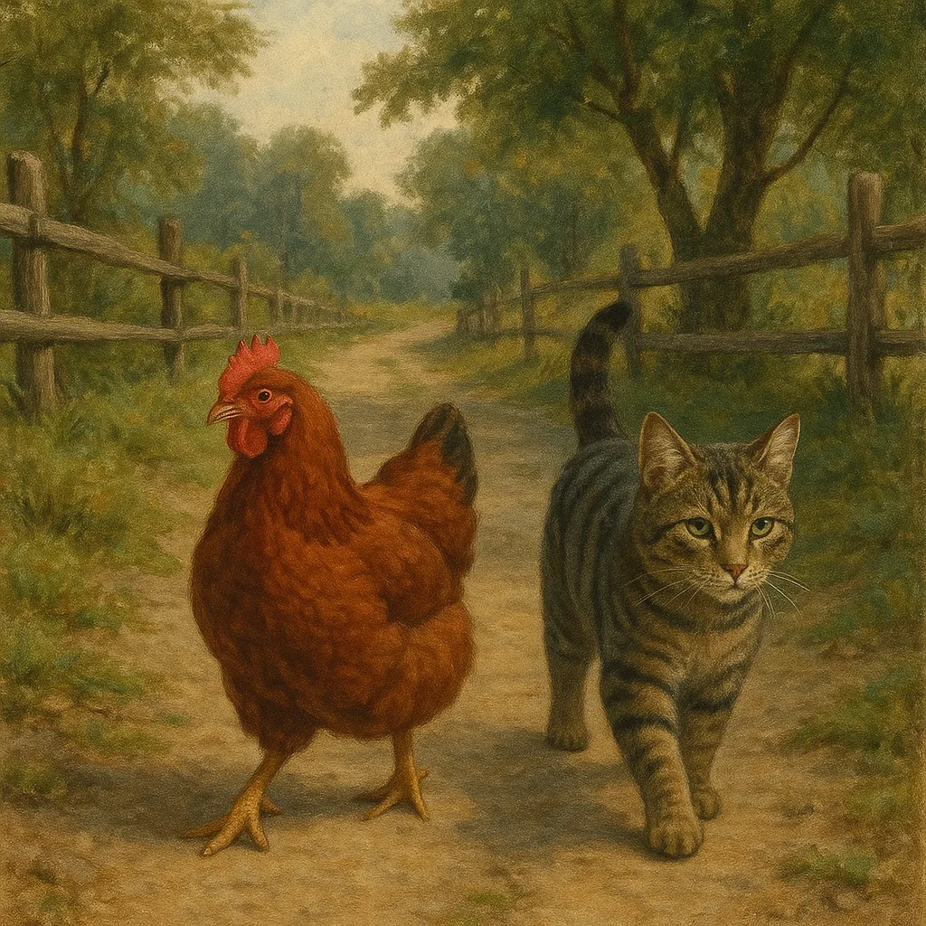 Chicken and a Cat Are Walking on a Rural Dirt