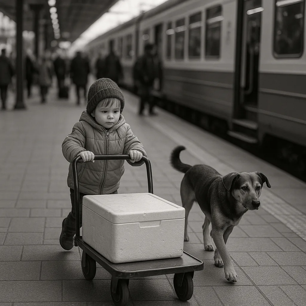 Child Pushes a Cart with a Styrofoam Box