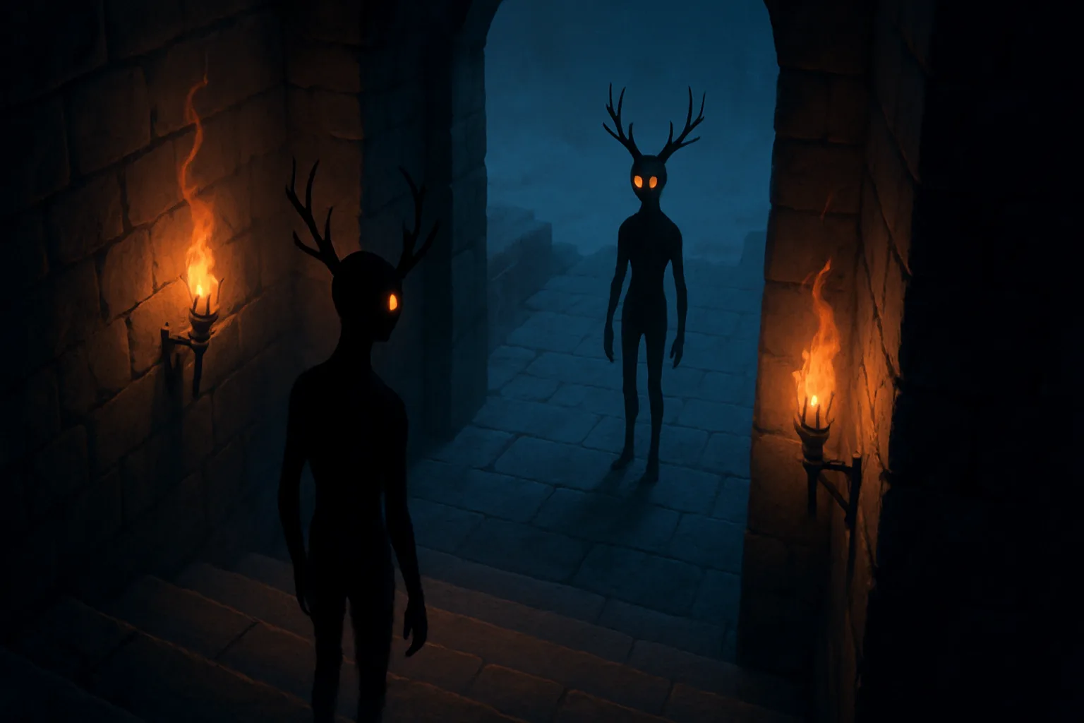 Two Varied Buckeyes Silhouetted by Cool Twilight in Torch-lit Chambers