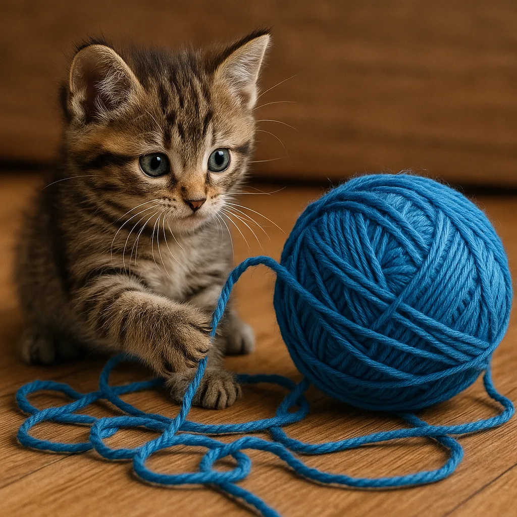 Small Cat Is Playing with a Spool of Blue Yarn