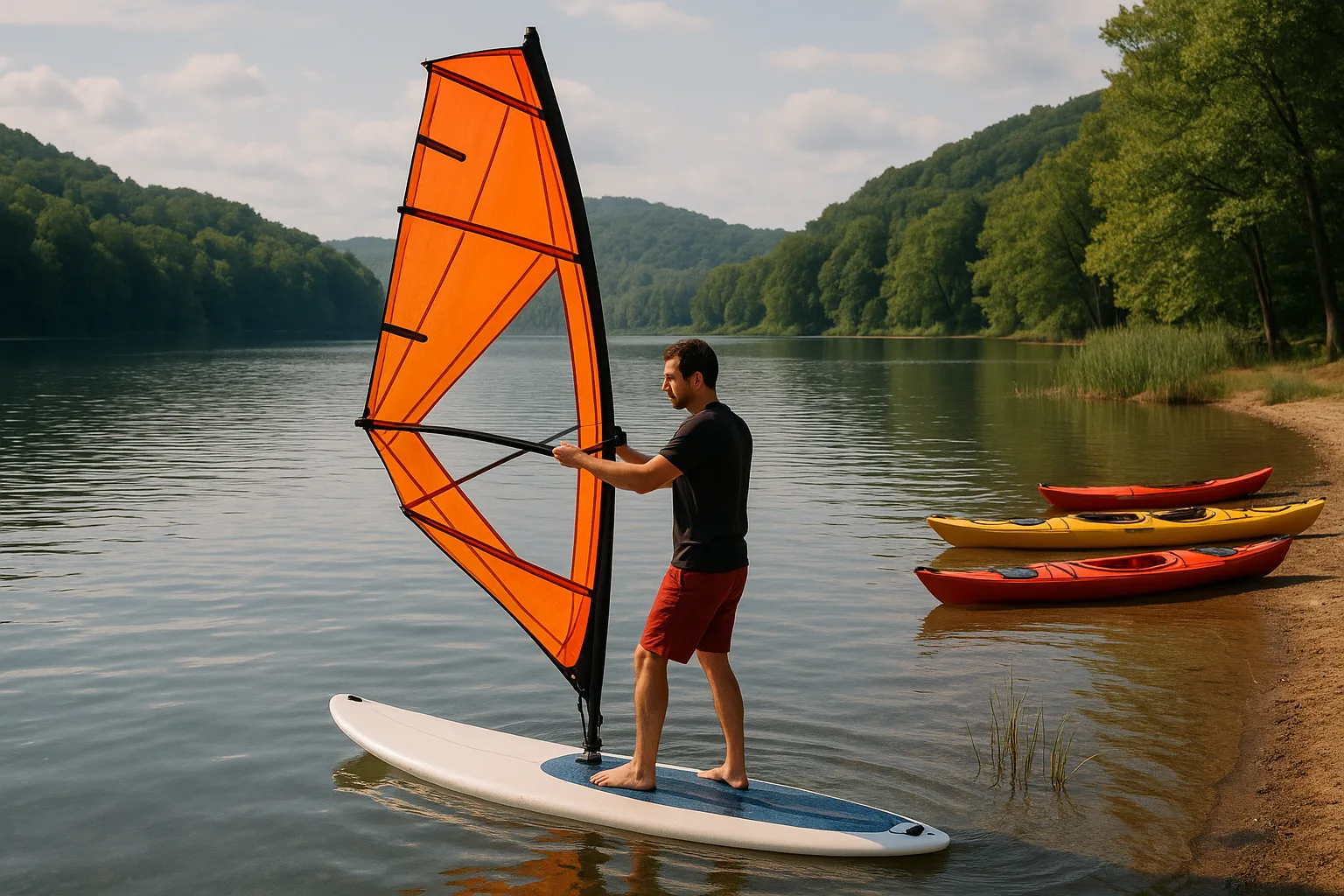 Man Stands on a Windsurfing Board in a Calm Lake