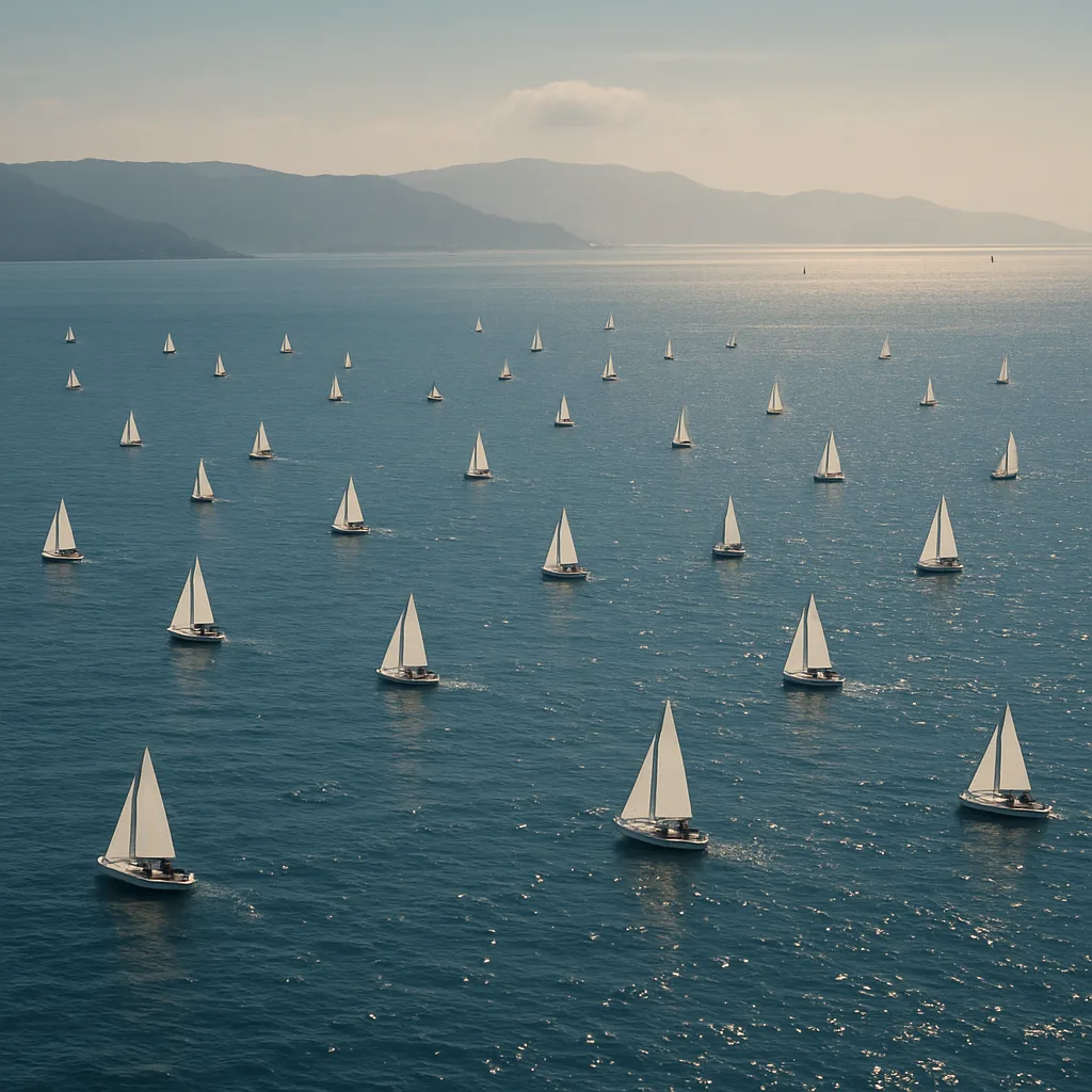 Scattered Fleet of Numerous Small Sailboats Glides Across an Immense