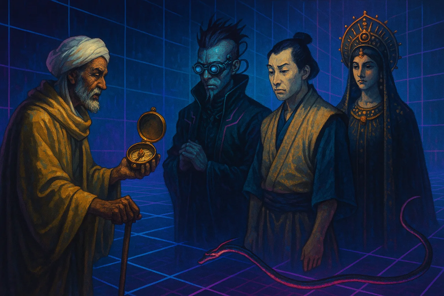 North African Scientist-thinker with a Cane Presents a Compass