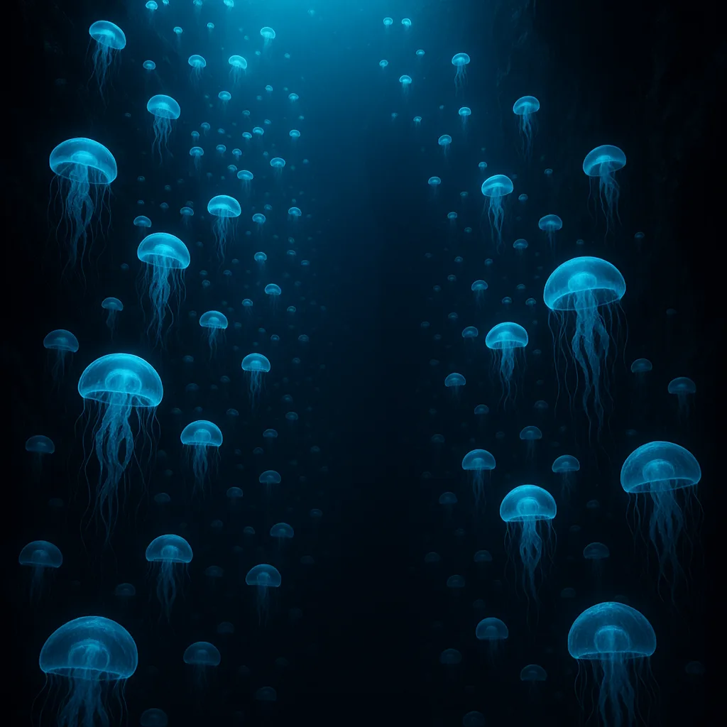 Immense Swarm of Bioluminescent Jellyfish Drifts Serenely