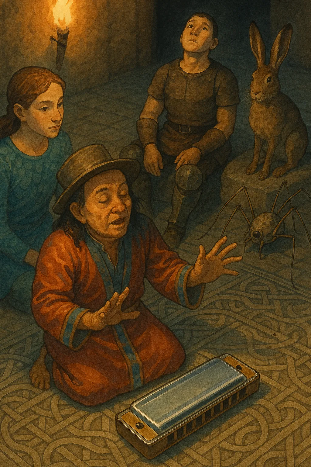 Petite Everyman Shaman in Satin-glossy Attire Gestures Expressively