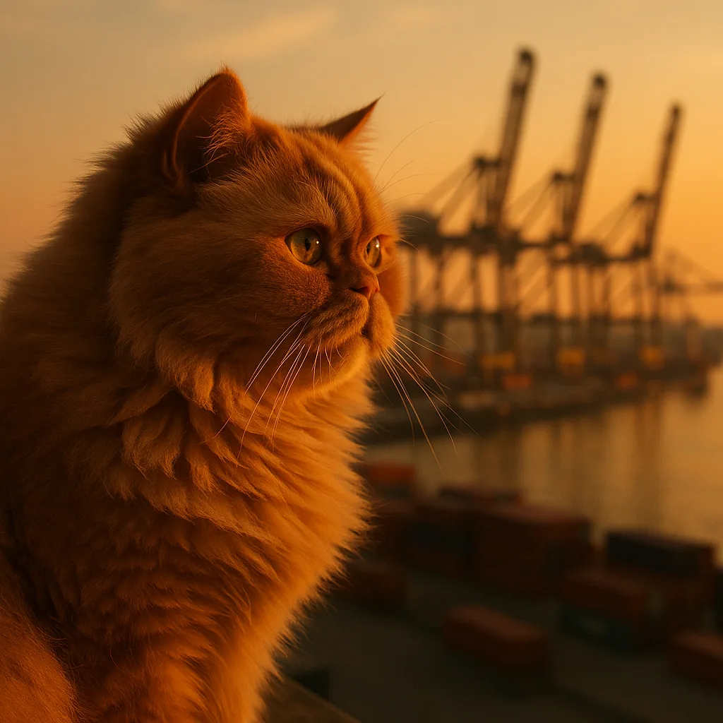 Warmly Side-lit Persian Cat Contemplates Bustling Shipping Docks