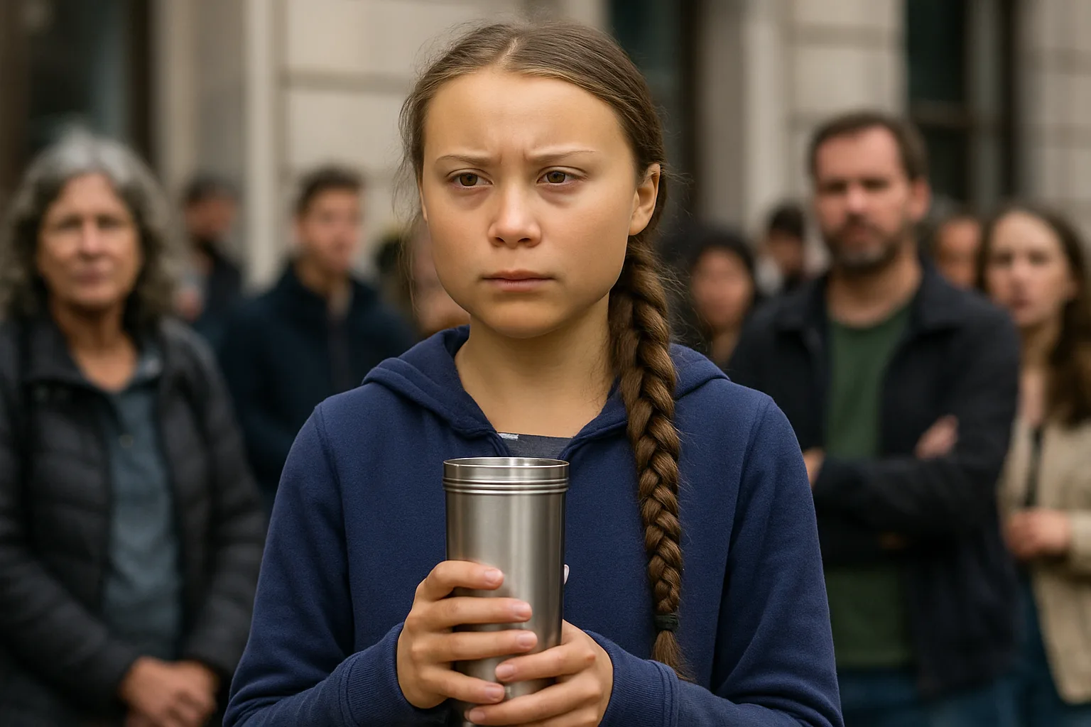 Environmental Activist Greta Thunberg Is Depicted Holding a Stainless Steel