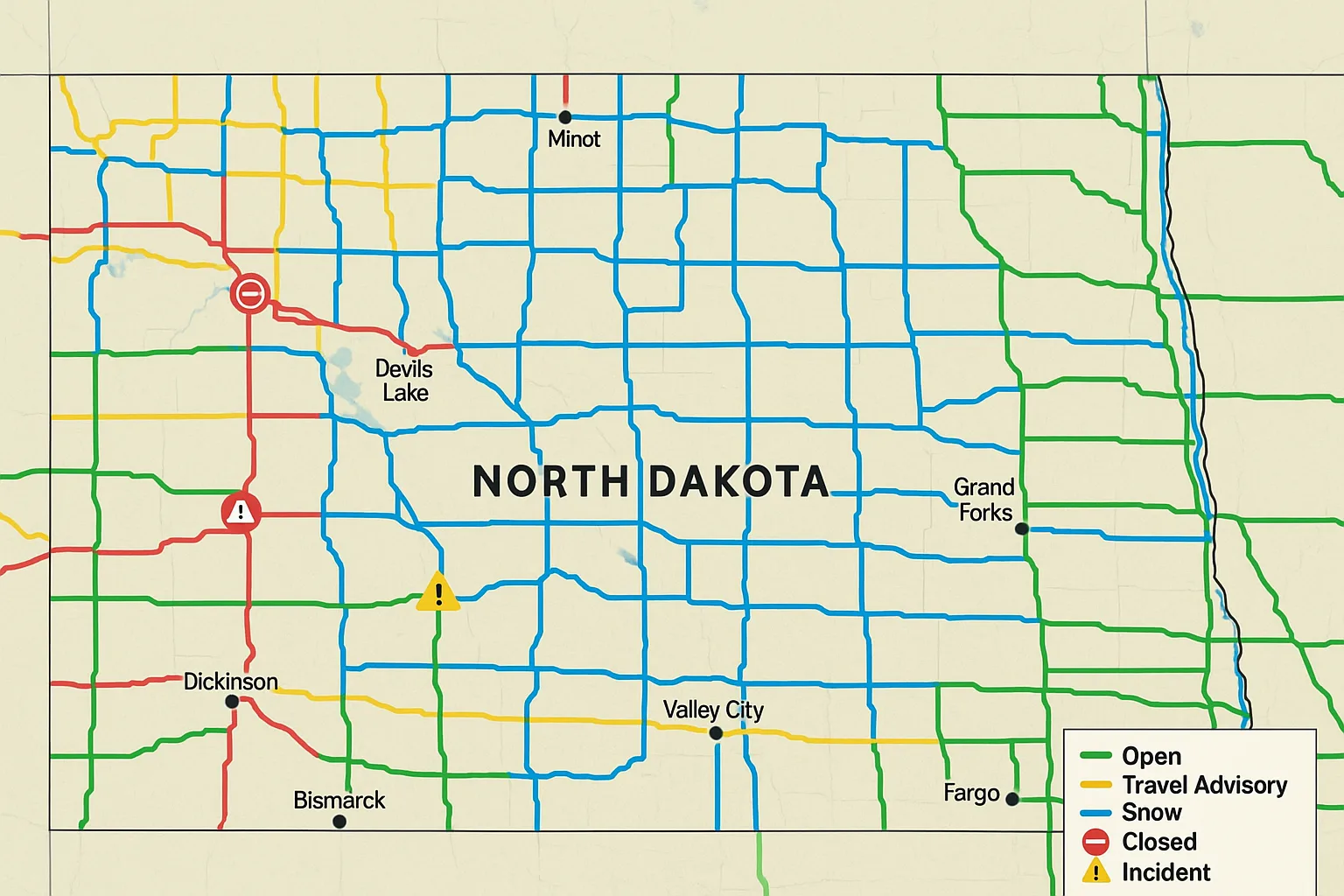 Map Displaying North Dakota Road Conditions