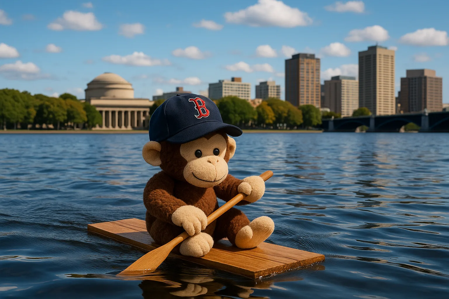 Plush Monkey Wearing a Boston Red Sox Hat Floats