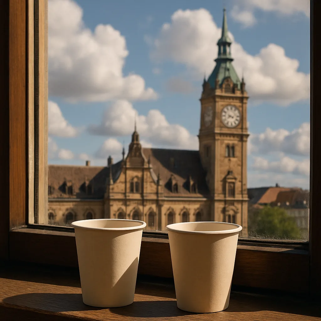 Two Paper Cups Sit on a Windowsill Overlooking a Historic