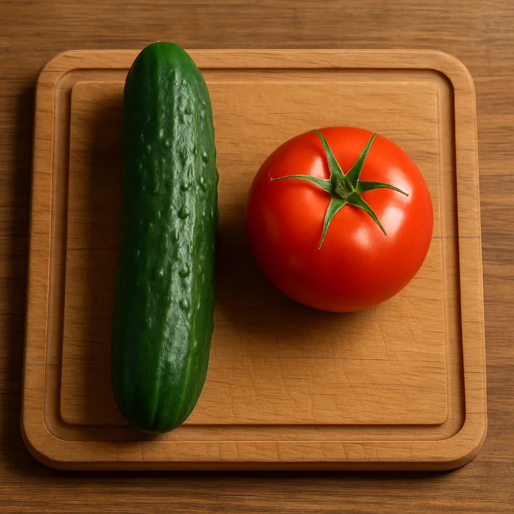 Wooden Cutting Board with a Cucumber Positioned on the Left