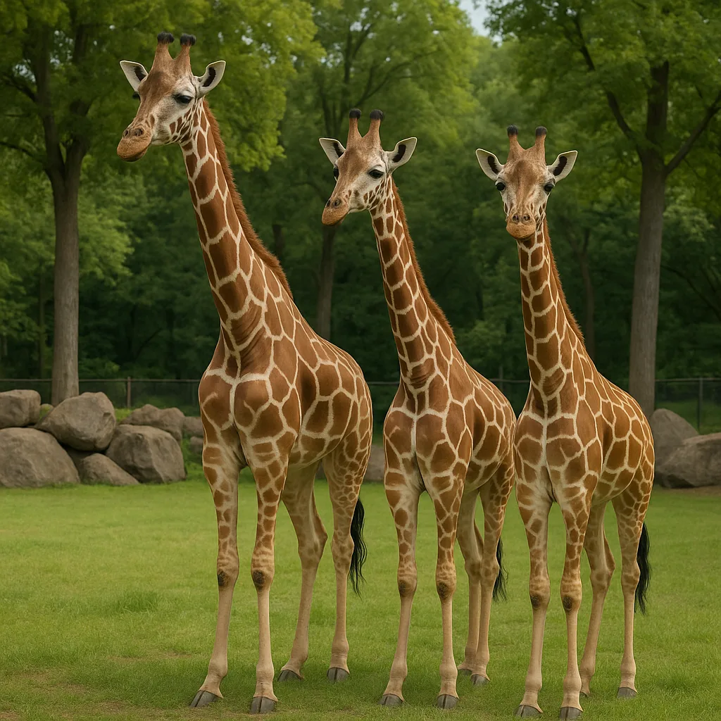 Three Giraffes Standing in a Grassy Zoo Enclosure with Trees