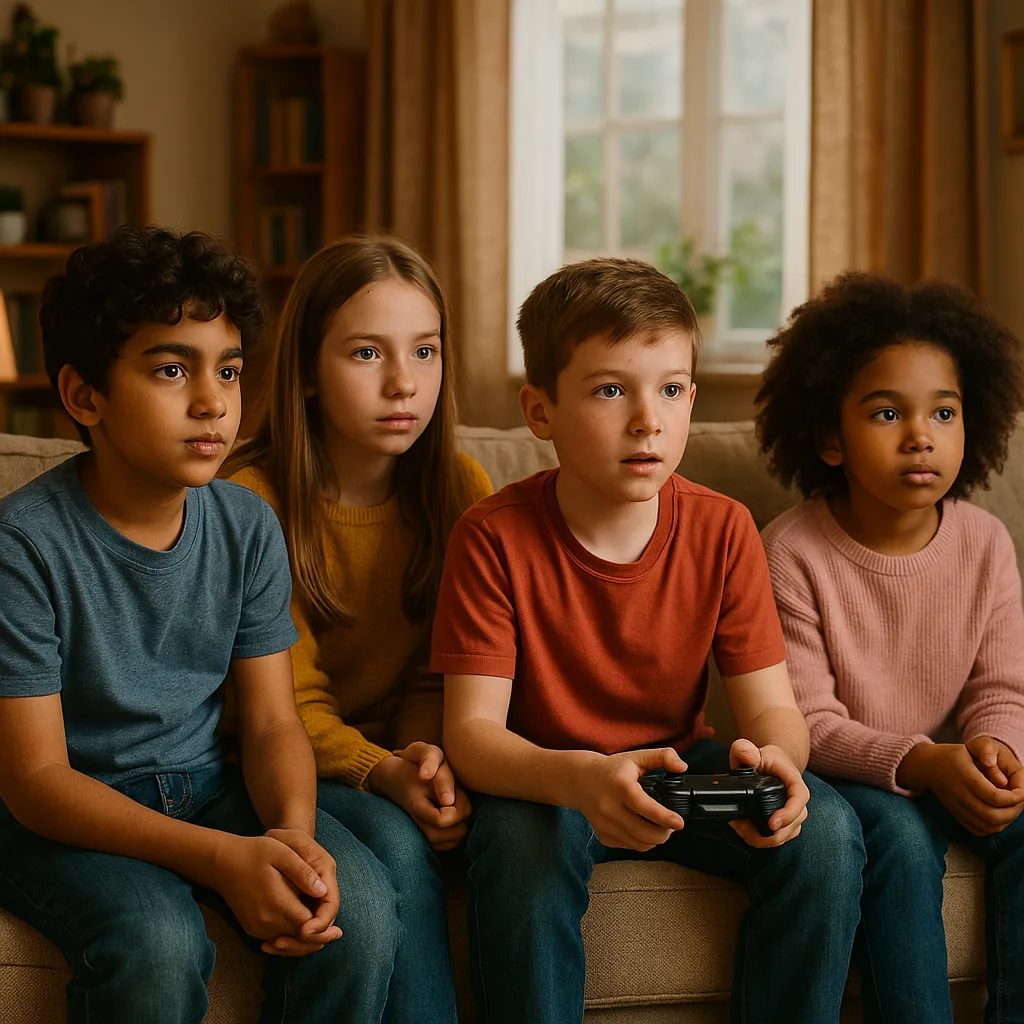 Comfortable Living Room with Four Kids Seated on a Couch