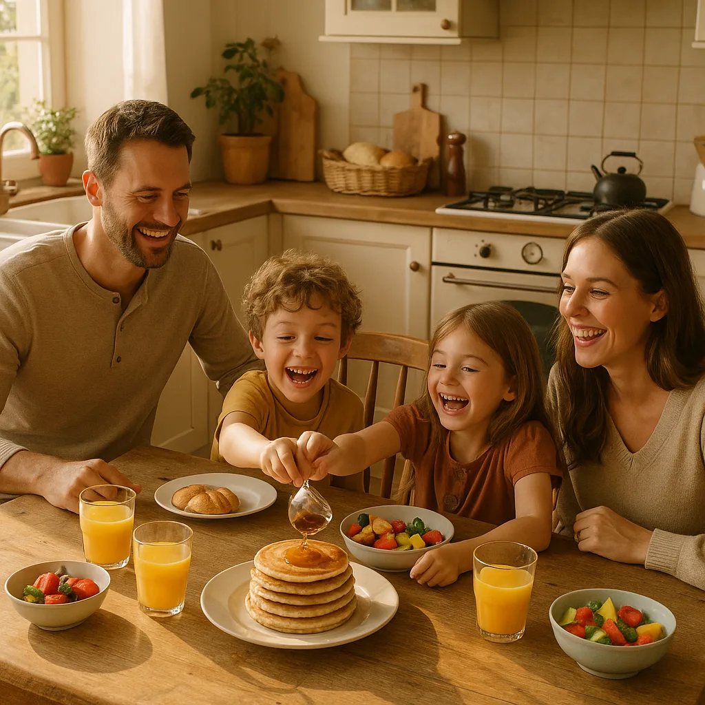 Cheerful Family of Four Sits Together at a Rustic Oak