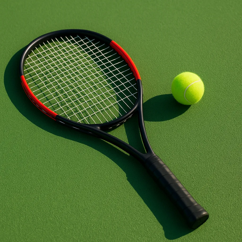 Tennis Racket Lying on a Vibrant Green Tennis Court