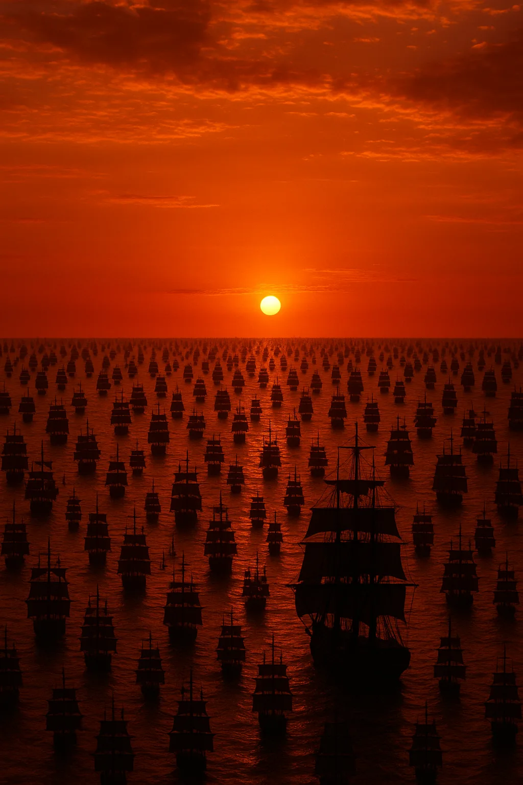 Vast Fleet of Hundreds of Silhouetted Tall Ships Sails Majestically