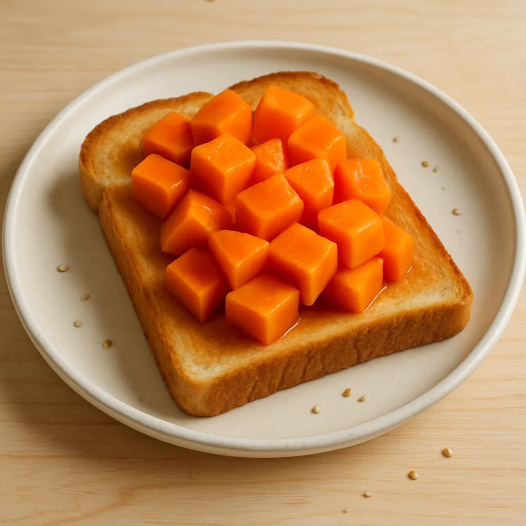 On a Cream-toned Ceramic Dish Sits a Slice of Toast