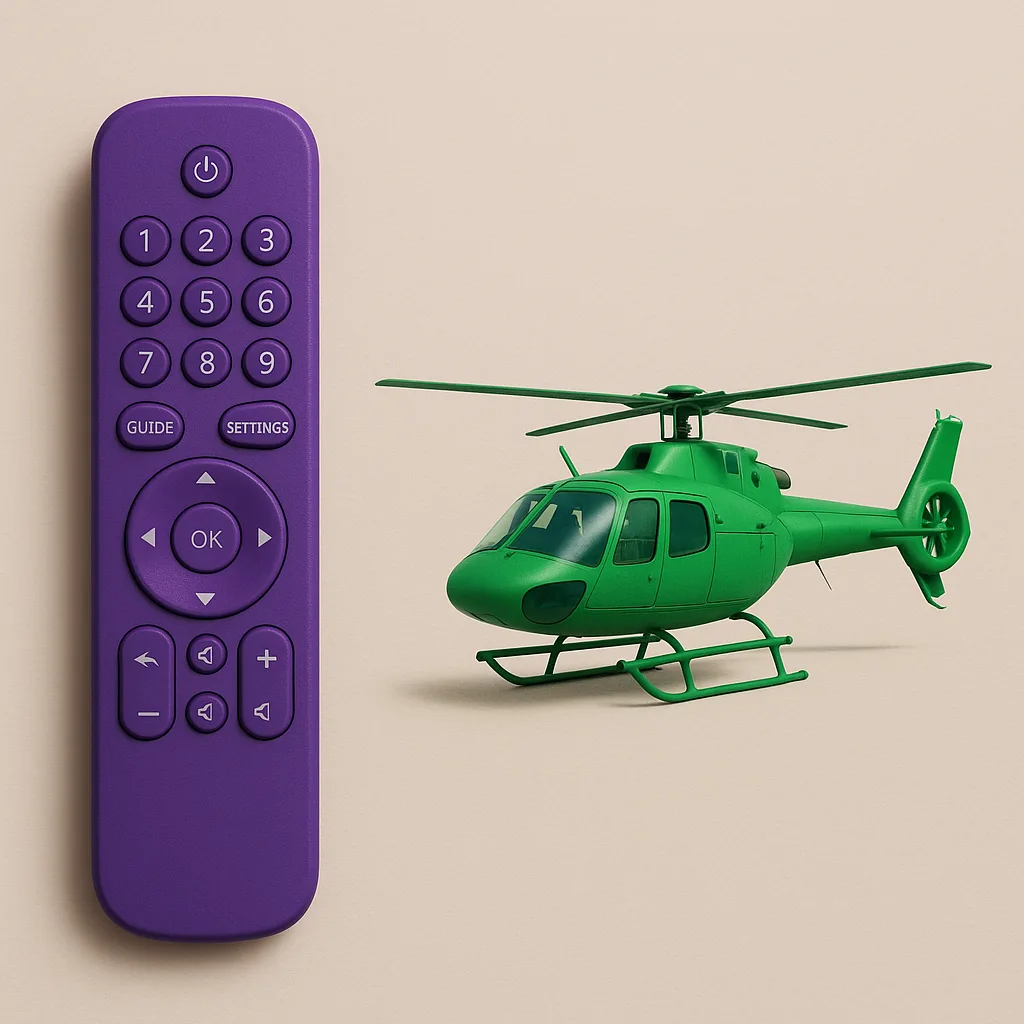 Green Helicopter Alongside a Purple Television Remote