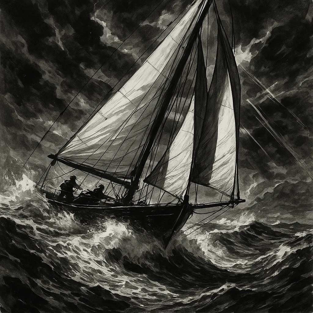 Black-and-white Illustration of an Exhilarating Voyage on the Sea