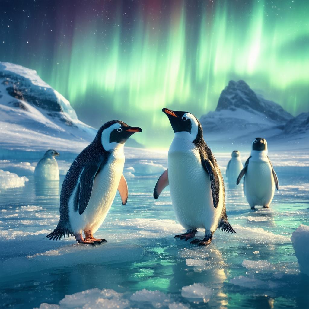 Whimsical Penguins Frolicking Beneath Auroras