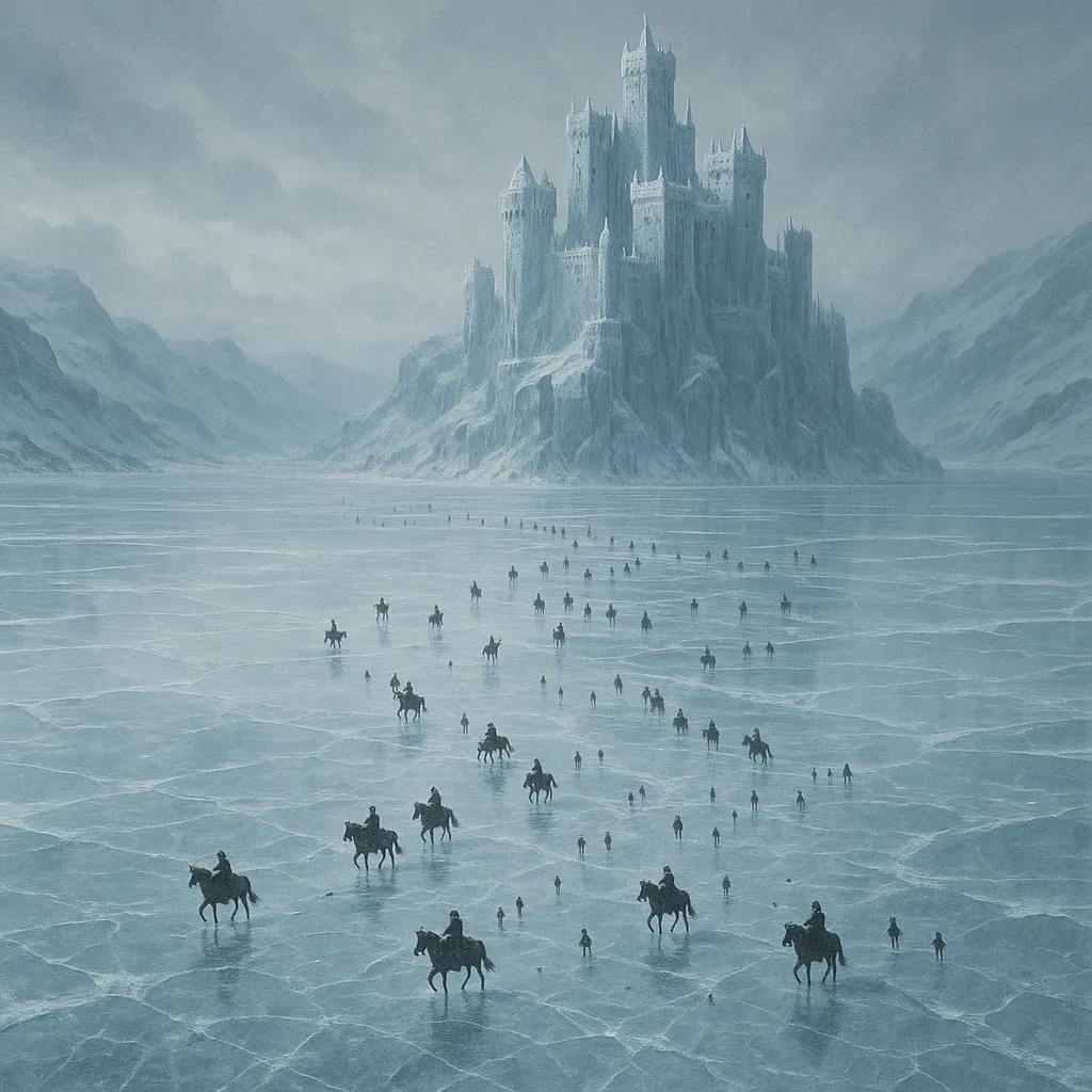 Scattered Procession of Numerous Tiny Figures on Horseback Slowly Makes