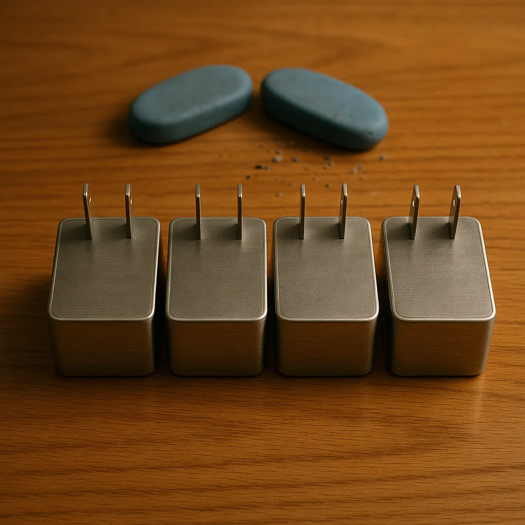 Four Brushed-metal Rectangular Power Converters Are Aligned Neatly