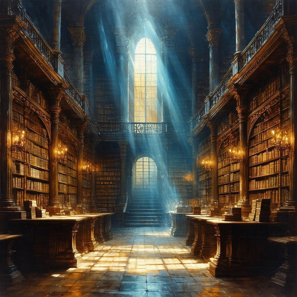 Ancient Library Bathed in Ethereal Beams