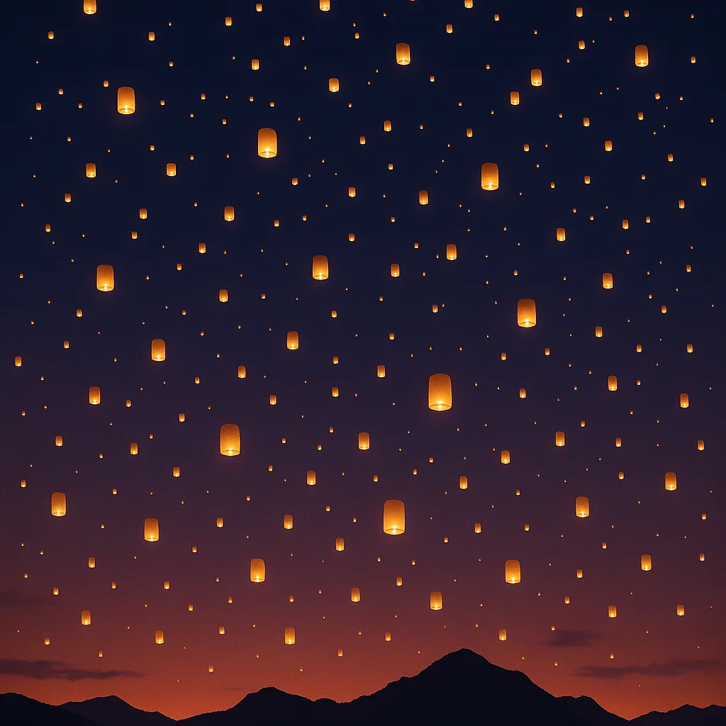 Countless Glowing Lanterns Drift Upwards into the Twilight Sky