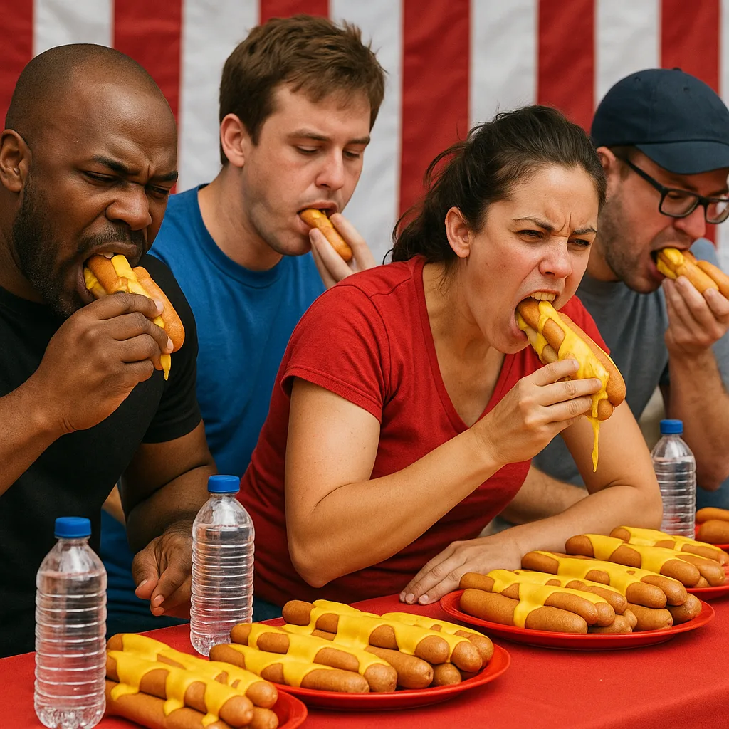 Group of People Participates in a Hot Dog Eating Contest