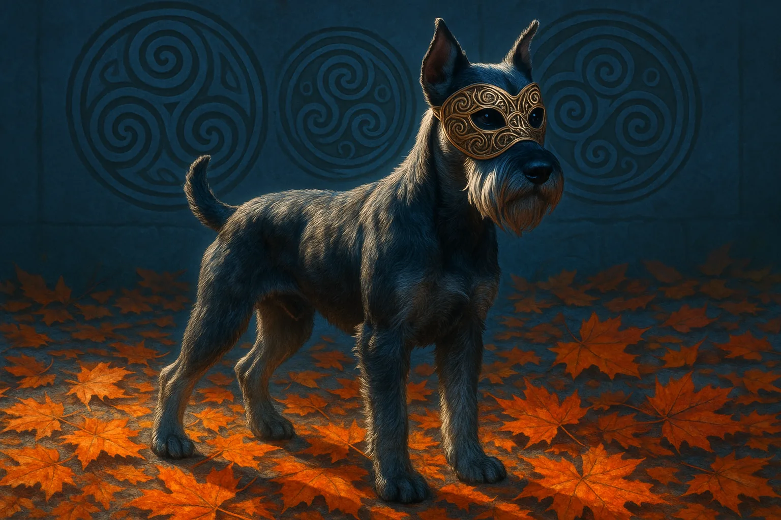 Masked Standard Schnauzer Stands Tall on Vibrant Autumn Leaves