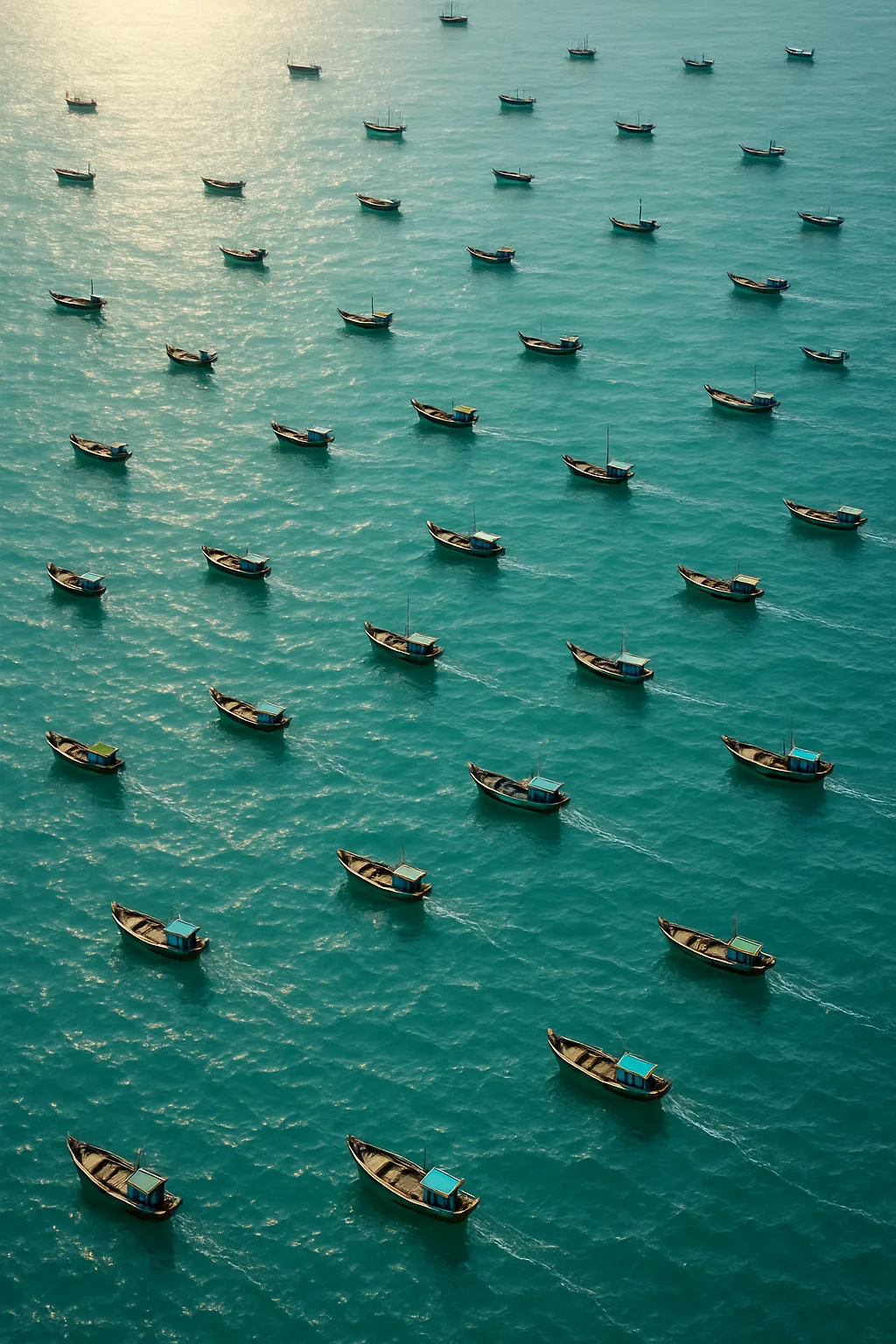 Numerous Tiny Fishing Boats Are Scattered Across a Vast