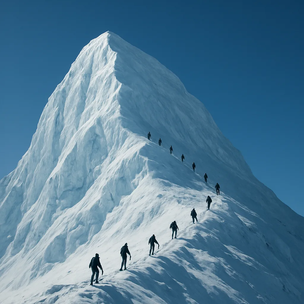 Several Distant Mountaineers Slowly Ascend a Colossal