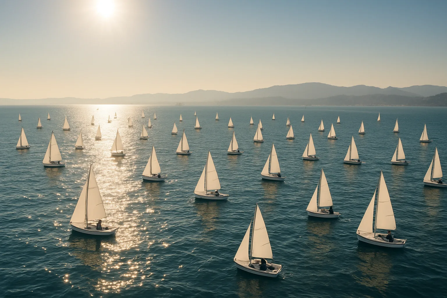 Scattered Fleet of Numerous Small Sailboats Glides