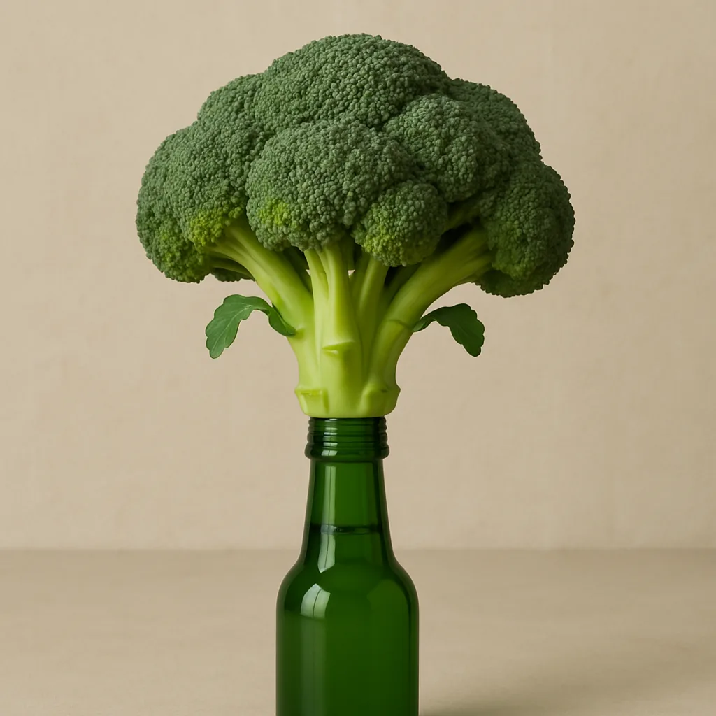 Green Glass Bottle with a Head of Broccoli
