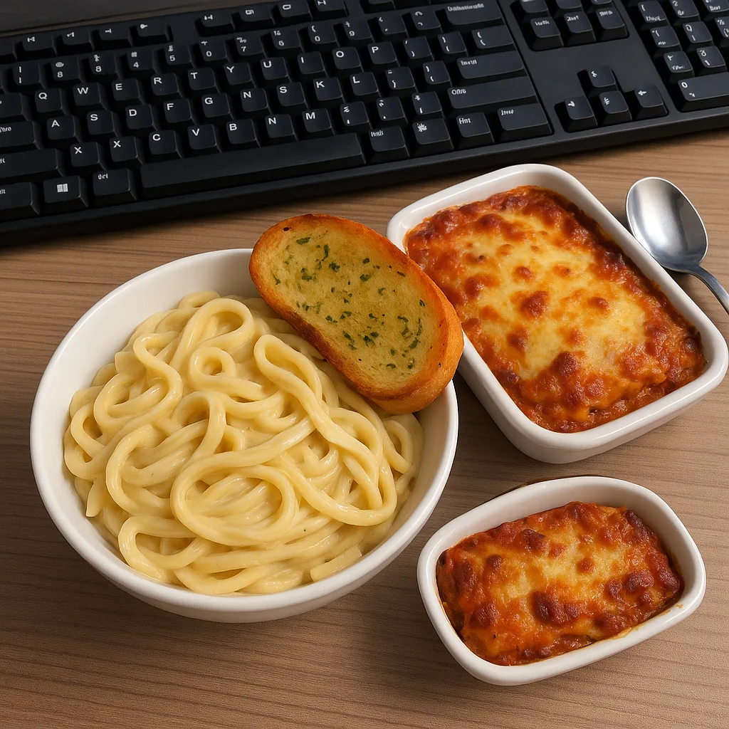 Bowl of Creamy Pasta with a Slice of Garlic Bread