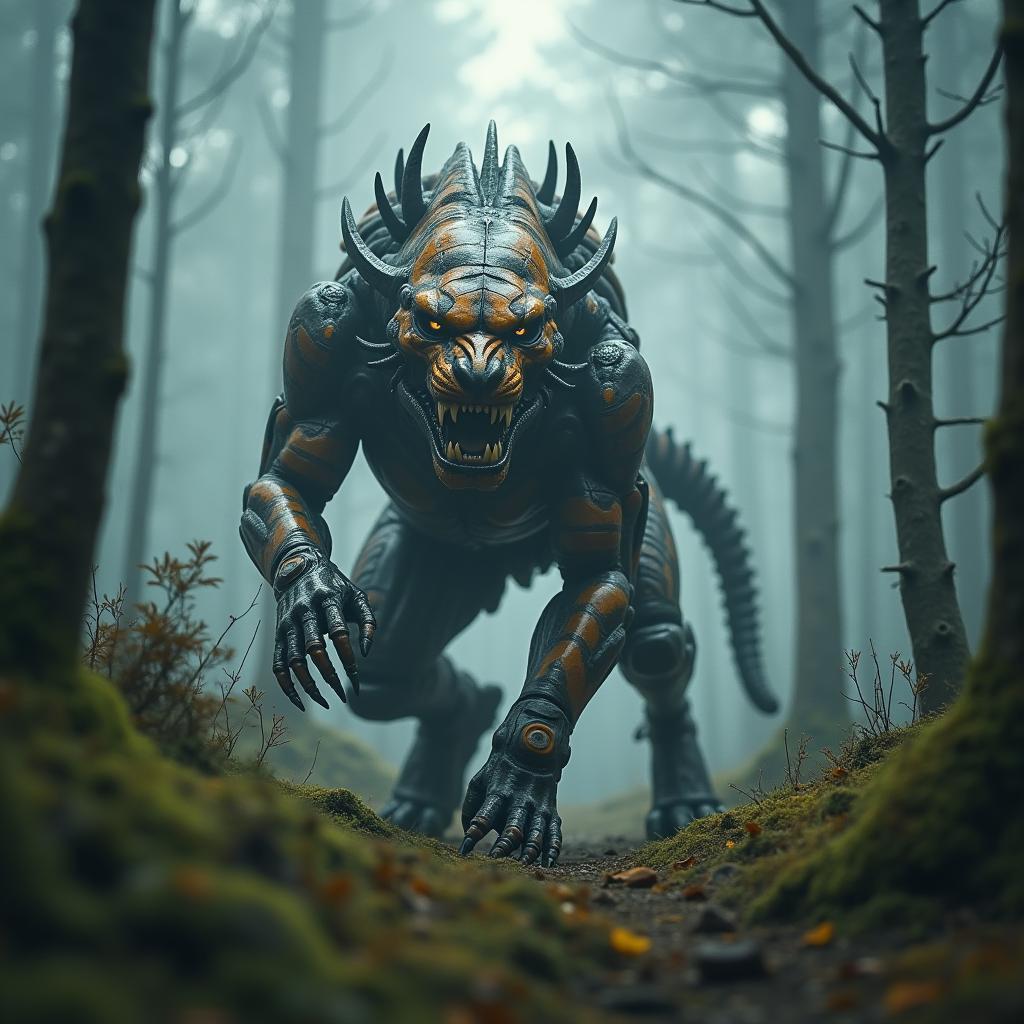 Tigerlike Xenomorph Transformer Stalking Misty Forest