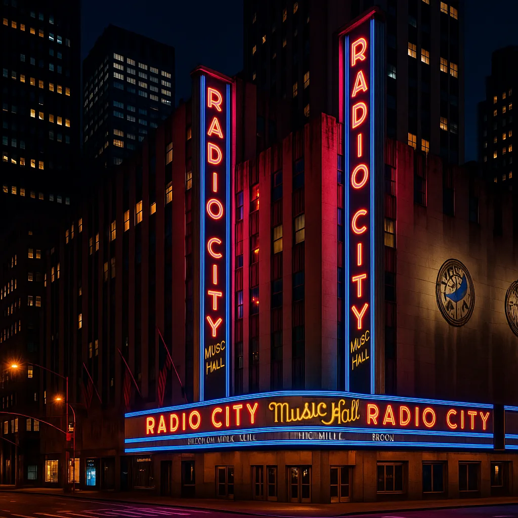 Brightly Lit Radio City Music Hall Facade at Night