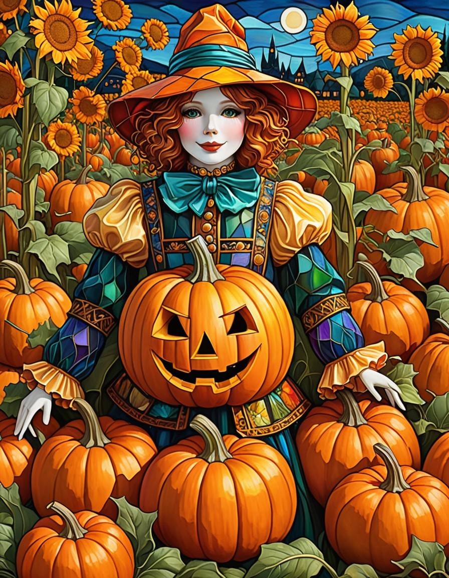 Klimt-Inspired Scarecrow in Pumpkin Patch