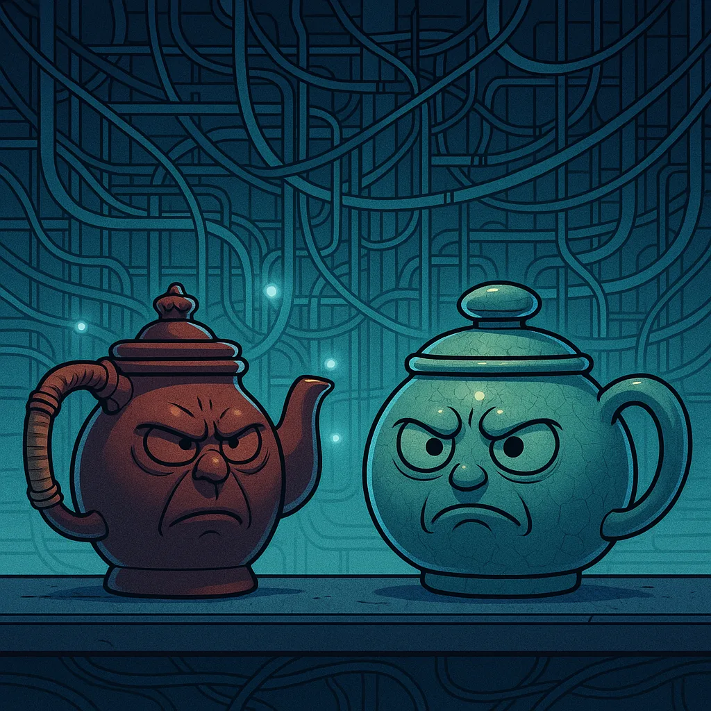 Two Teapots—a Yixing Style Piece Distinguished by its Decorative
