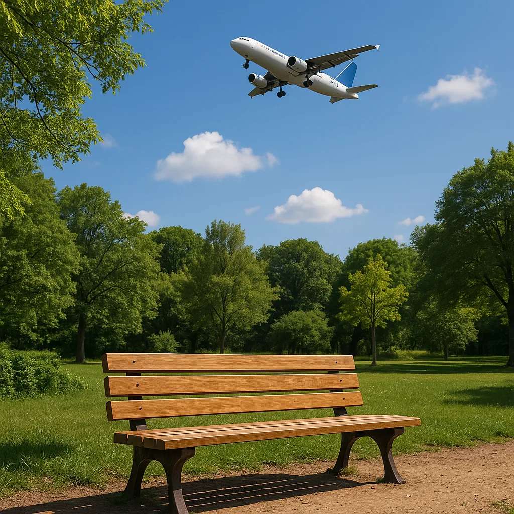 Park Featuring a Wooden Bench and an Airplane