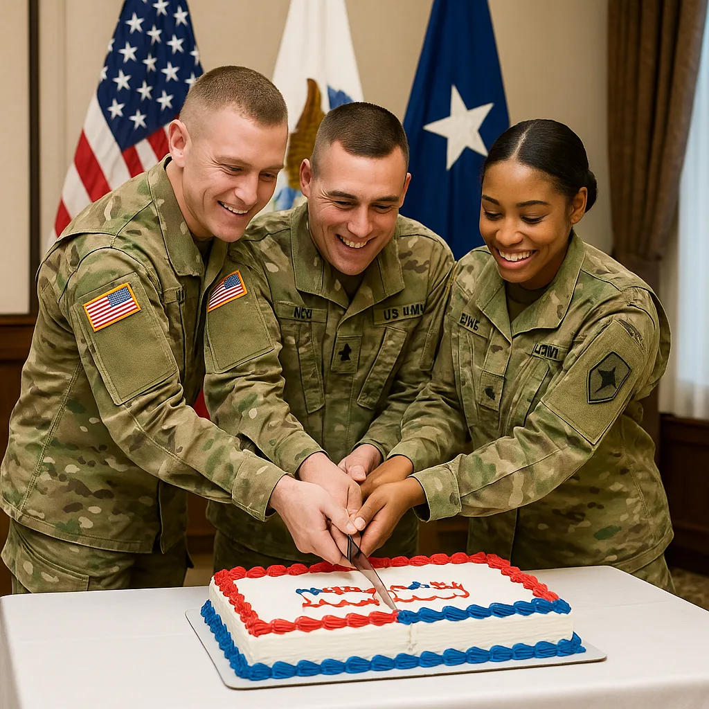 Three Uniformed Soldiers Cutting a Celebratory Cake Together