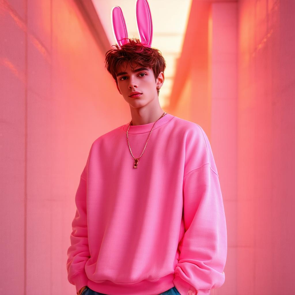 Neon Accented Boy With Pink Bunny Ears