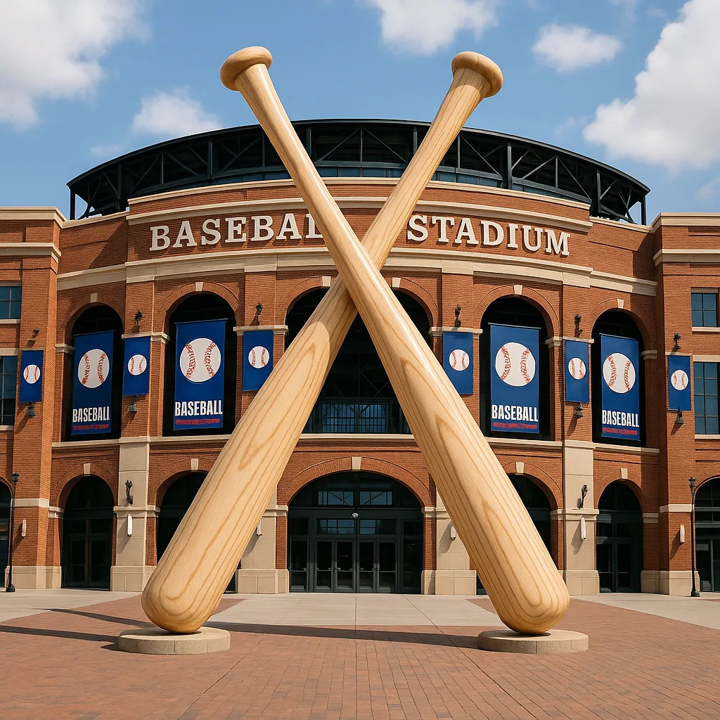Baseball Stadium Entrance with Crossed Bat Sculptures in Front