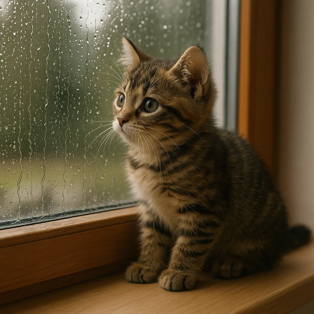 Playful Young Cat Sits on the Windowsill