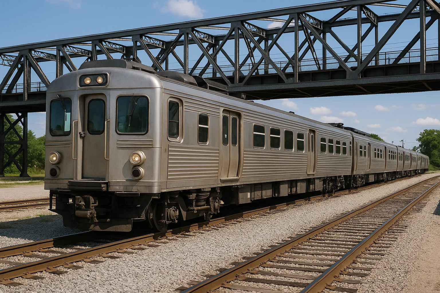 Silver Commuter Train Sits on a Gravel-lined Track