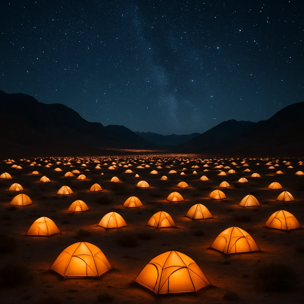 Countless Illuminated Tents Dot a Sprawling Desert Valley at Night