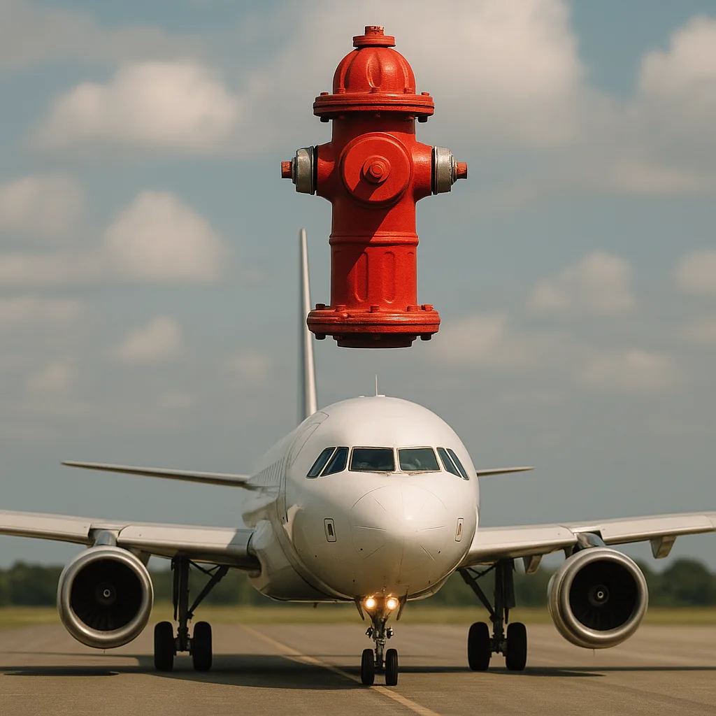 Picture of a Fire Hydrant Hovering Directly over an Airplane